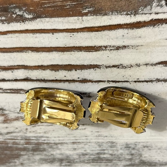 Donald Stannard VTG Black Gold Half Hoop Earrings Clip On Enamel Rhinestone - Picture 5 of 12